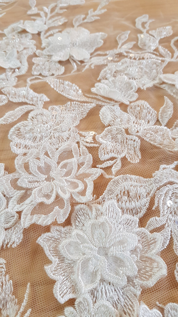 Off White 3D Beaded Geometric Couture Lace Fabric With Stripe  Design,wedding Dress Bridal Lace Fabric by Yard 